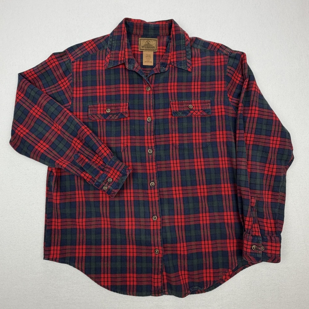 St. Johns Bay Wilderness Lodge Red Green Plaid Cotton Flannel Shirt Petite Large